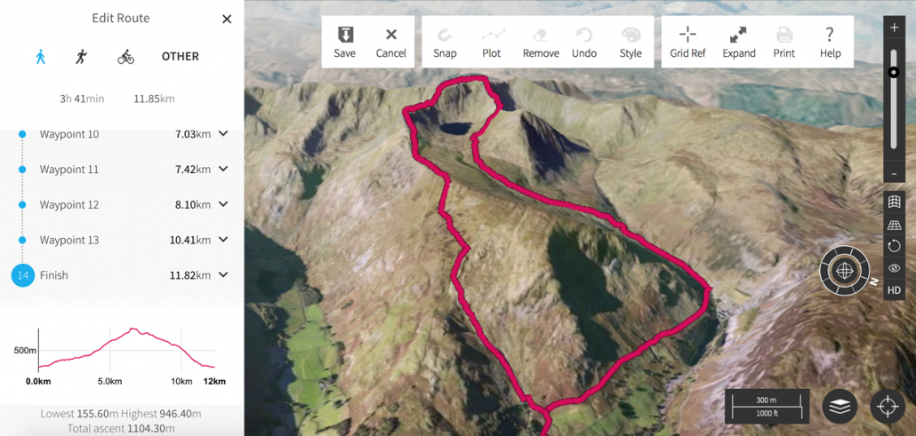 A 3D image of Helvellyn with a route plotted. 