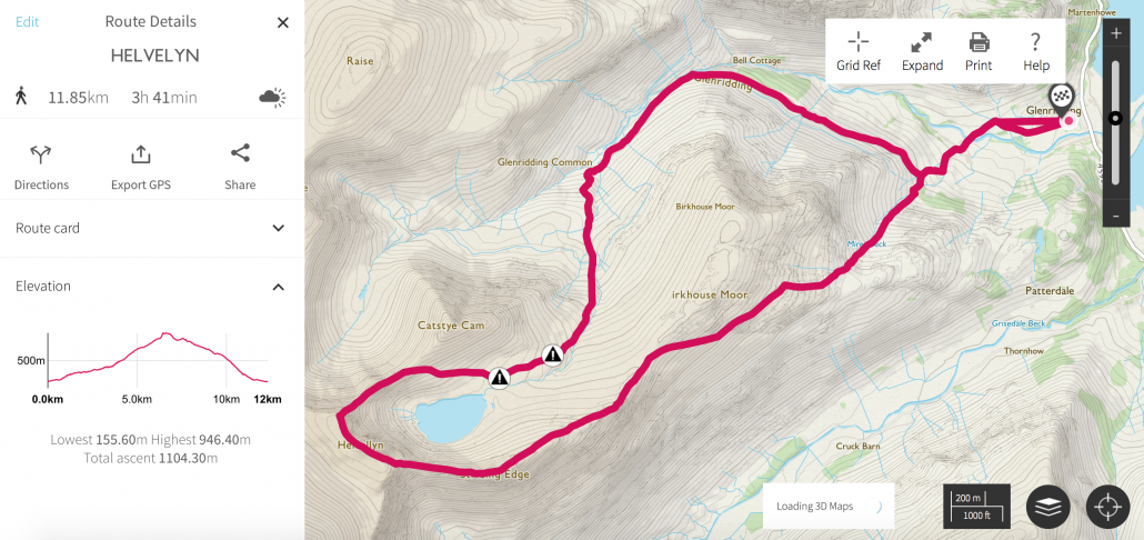A map showing a route around Helvellyn