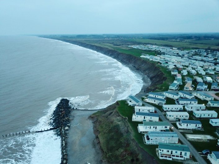 The view to the south of Hornsea. There is clear evidence of erosion where the defences stop.