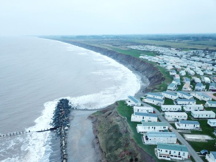 The view to the south of Hornsea. There is clear evidence of erosion where the defences stop.