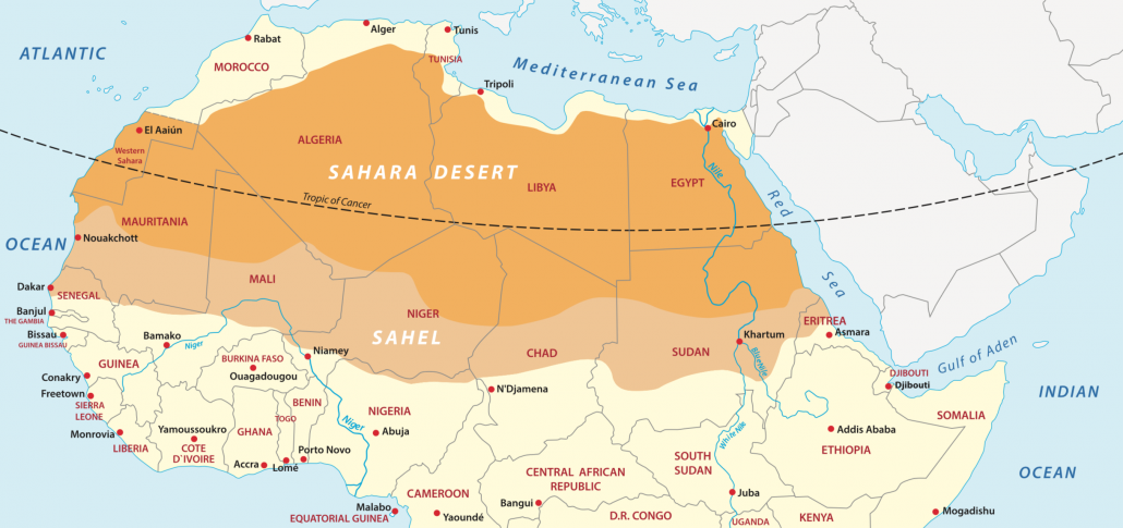 A map to show the location of the Sahara Desert in North Africa