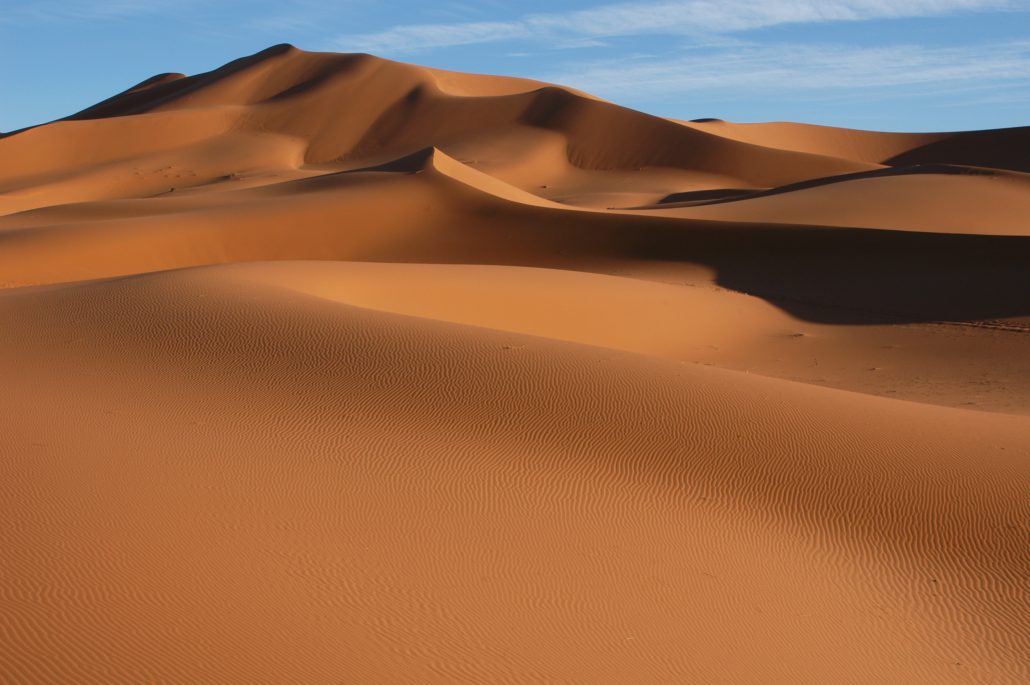 The sand dunes of Erg Chebbi in the Sahara desert near the village of Merzouga in Morocco.