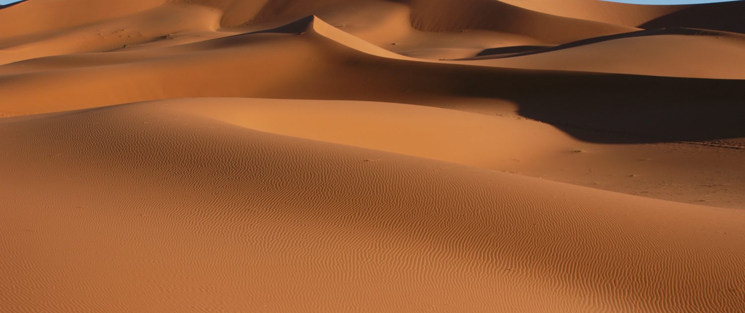 The sand dunes of Erg Chebbi in the Sahara desert near the village of Merzouga in Morocco.