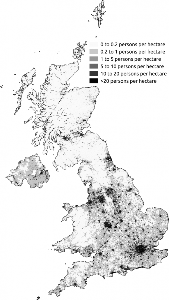 Population density in the UK based on the 2011 UK census. 