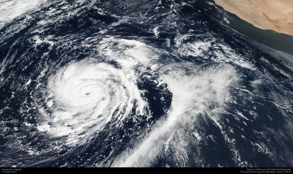 A satellite image of a tropical storm