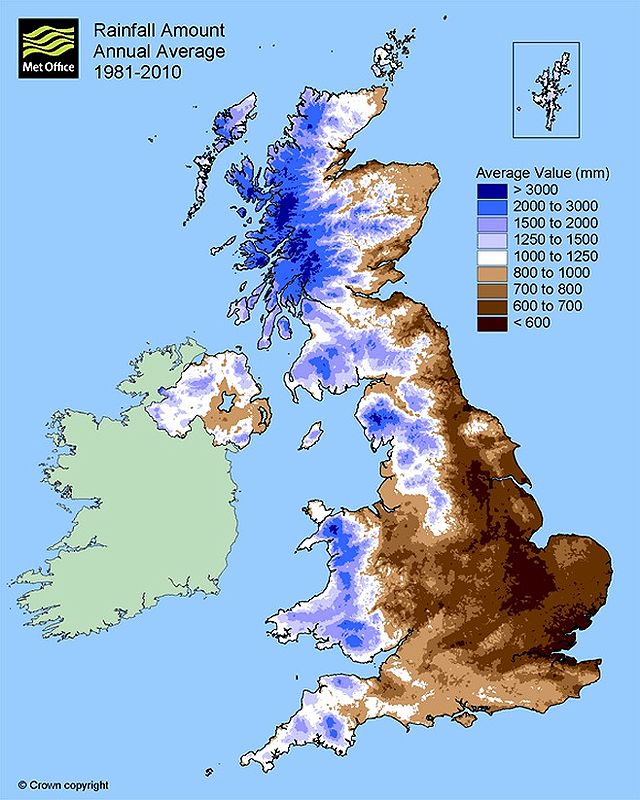 Average yearly rainfall in the UK between 1981 and 2010 - source UK Met Office