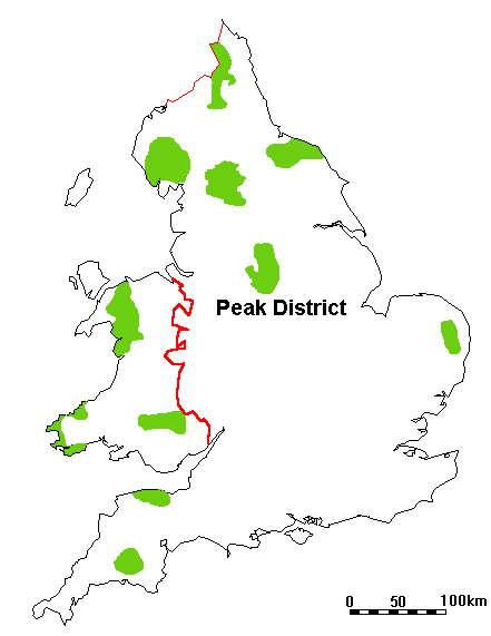 A map to show the location of the Peak District National Park. 