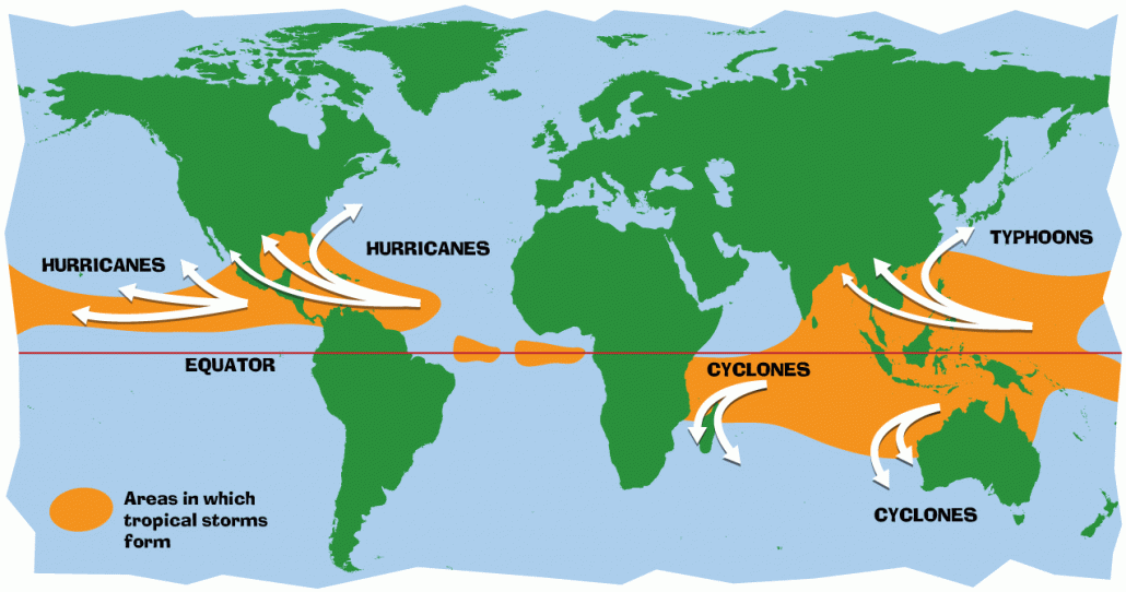 A map to show the names of different types of tropical storm