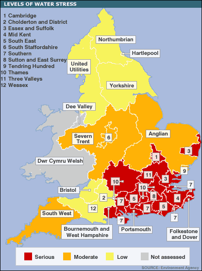 A map to show water stress in England. Source BBC News: http://news.bbc.co.uk/1/hi/england/6314091.stm