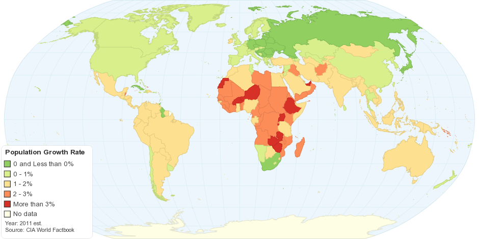 A world map showing population growth