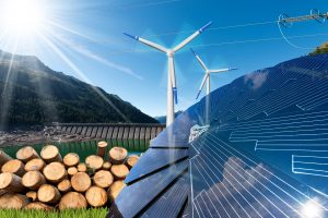 Renewable energy sources - Wind energy (wind turbines) solar energy (solar panels) biomass (tree trunks) and hydropower (dam for hydroelectric power)