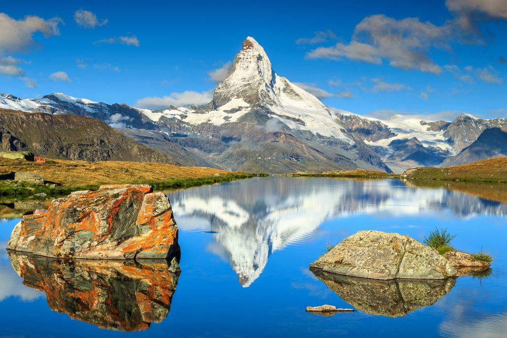 The Matterhorn, a pyramidal peak in the Alps, Switzerland. 