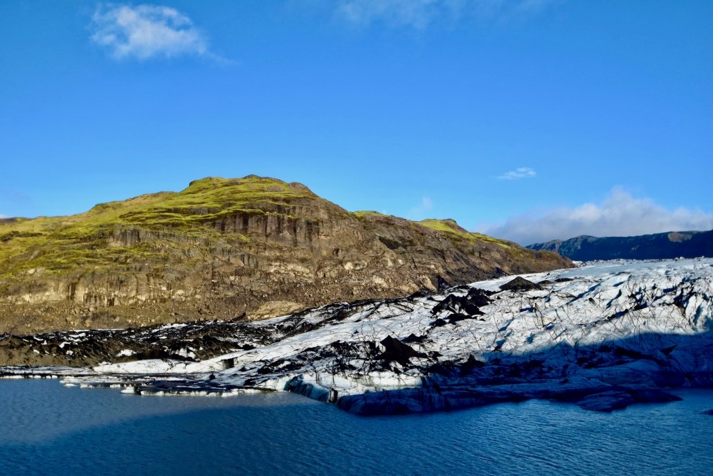 The snout of the Sólheimajökull glacier. Notice the moraine on top of the glacier and within the ice.