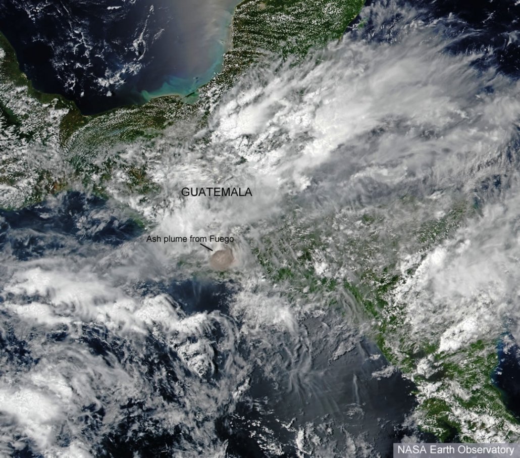 A satellite image showing the ash cloud from the eruption of Fuego. Source - NASA Earth Observatory