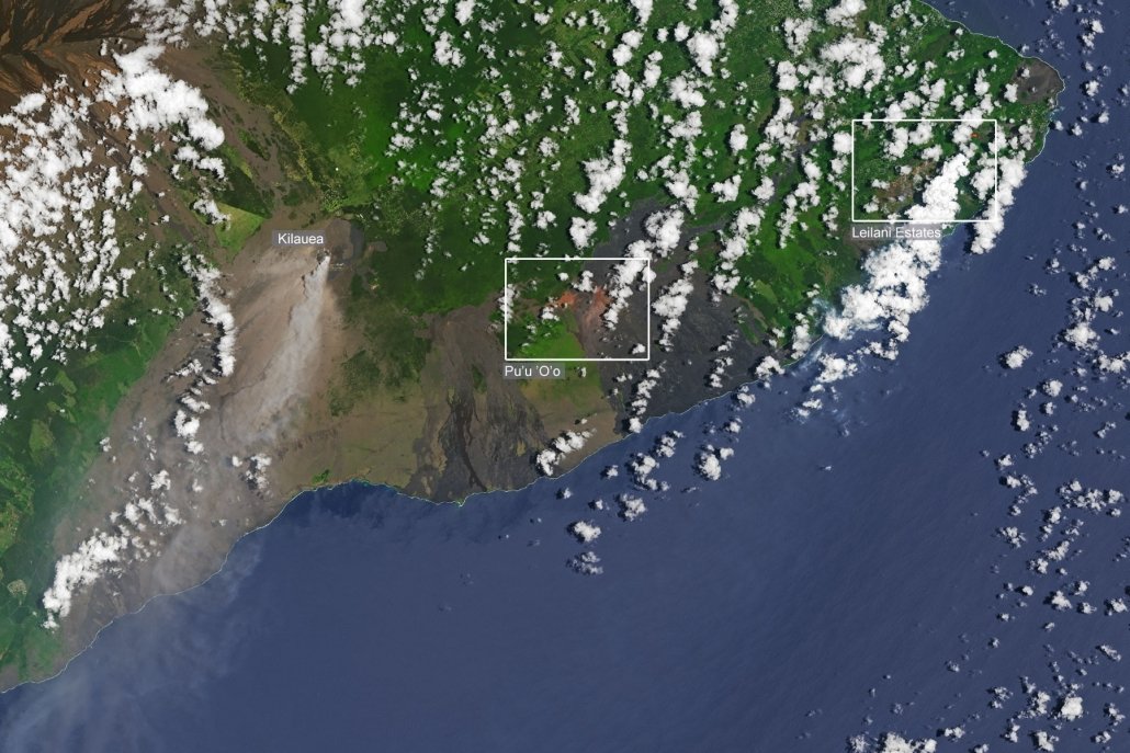 Satellite image showing Kilauea and the recent fissures 