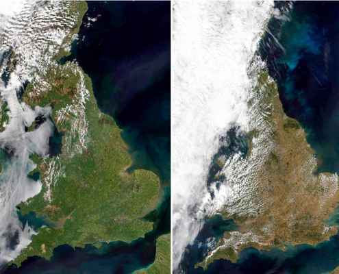 Satellite image showing Britain in May 2018 and July 2018