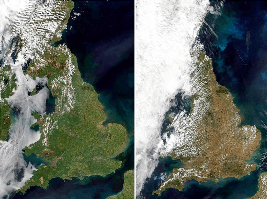 Satellite image showing Britain in May 2018 and July 2018