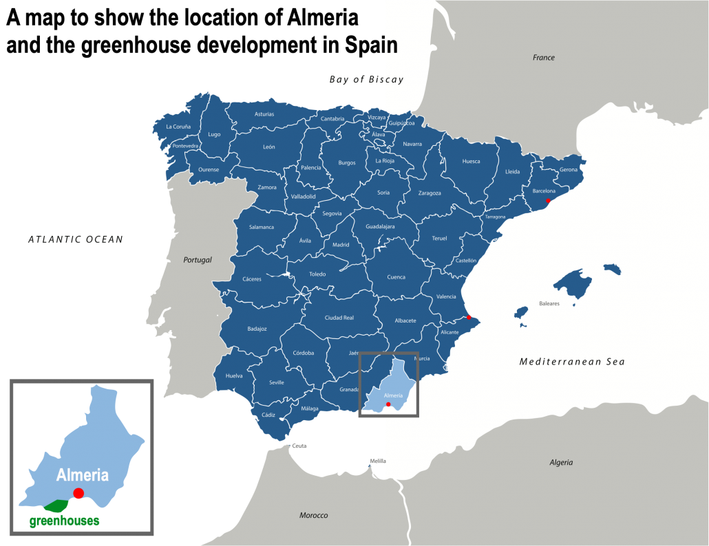 A map to show the location of Almeria and the greenhouse development in Spain