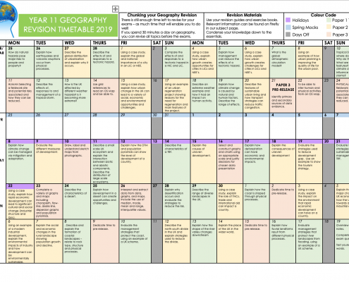 Geography Revision Timetable 2019