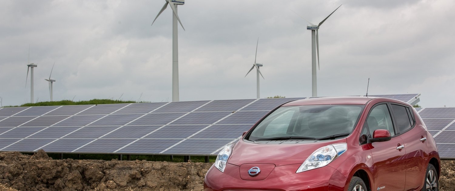 Wind turbines, solar panels and the Nissan Leaf at the Nissan factory, Sunderland
