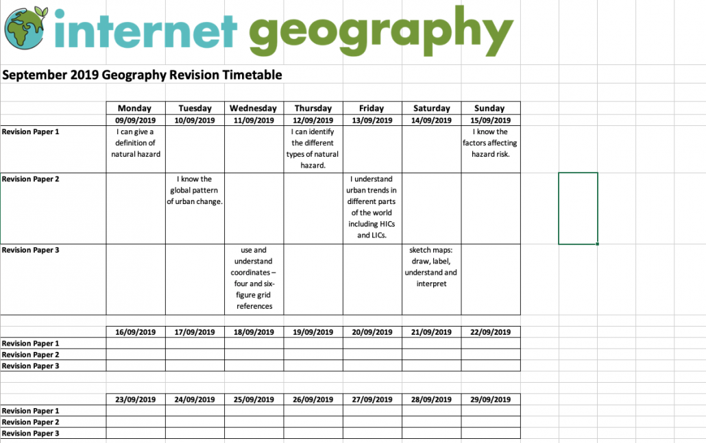 Example of a week's revision