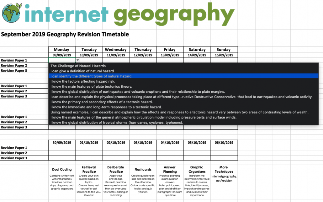 Geography revision plan generator and tracker
