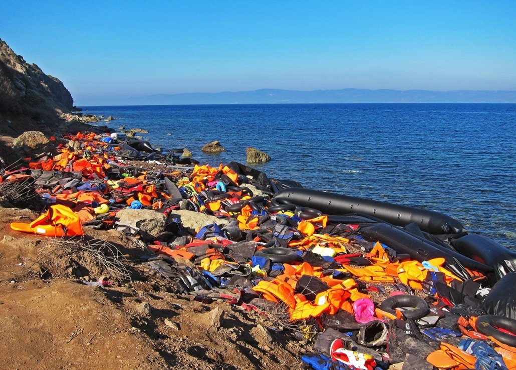 Life jackets and boats left behind by Syrian refugees