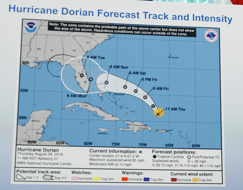 An image of Hurricane Dorian edited using a Sharpie