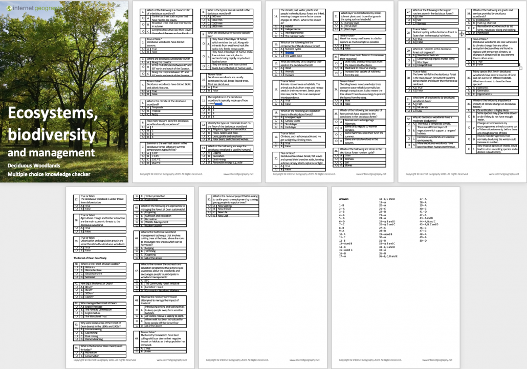Ecosystems, Biodivesity and Management Deciduous Woodlands Multi Choice