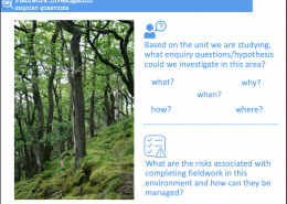 Identify enquiry questions and risks associated with the deciduous forest