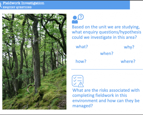 Identify enquiry questions and risks associated with the deciduous forest