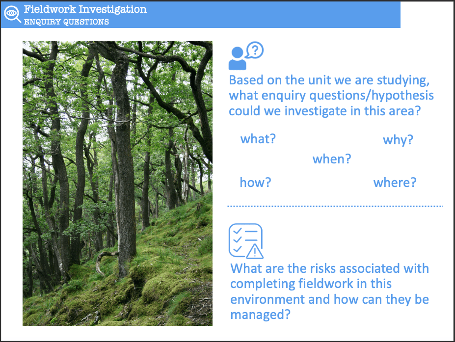 Identify enquiry questions and risks associated with the deciduous forest