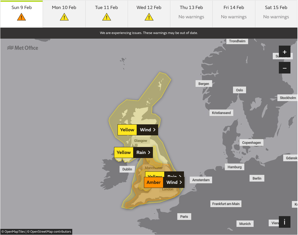 Met Office warnings for Storm Ciara