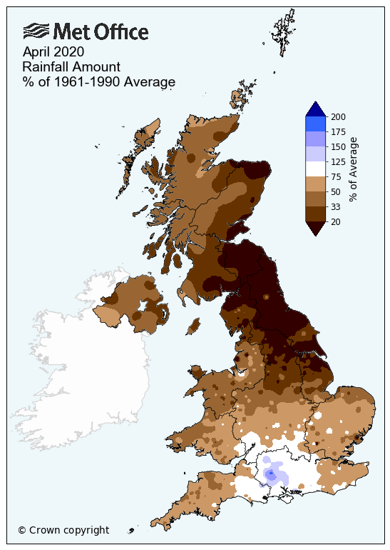 Rainfall amount April 2020 as % of average