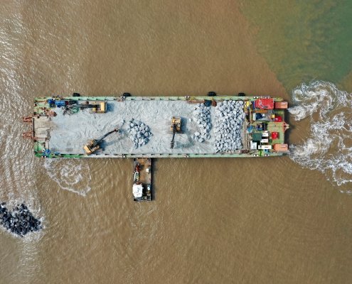 Rock armour barge from above