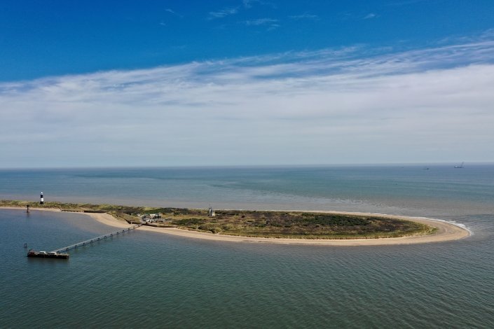 Aerial view of Spurn Point from the mouth of the Humber Estuary