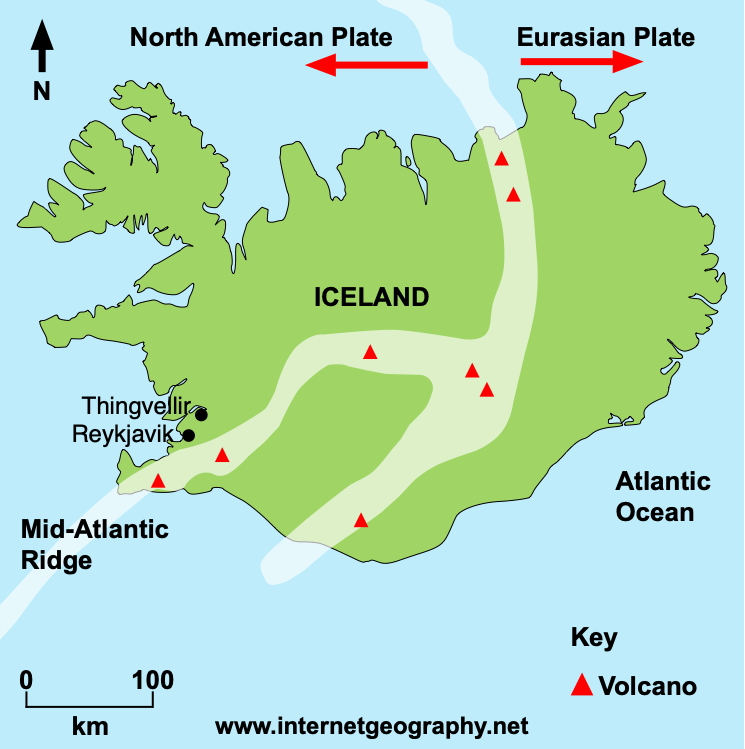 Map showing the tectonic plates that separate Iceland