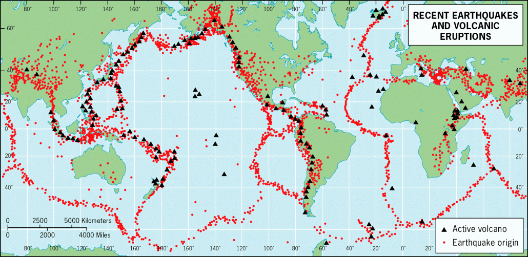 A map to show recent major earthquakes and volcanic eruptions