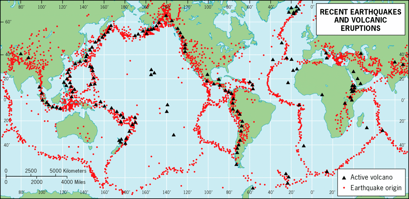 A map to show recent major earthquakes and volcanic eruptions