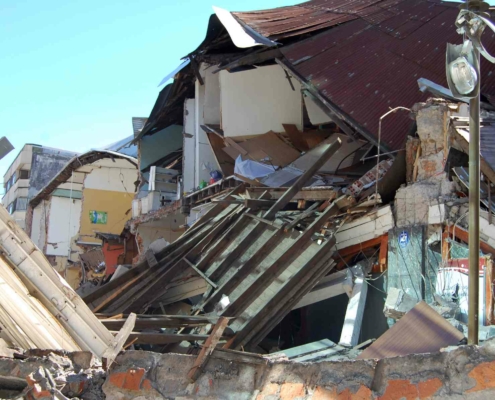 Damage done to houses in Concepcion city, Chile by the 2010 magnitude 8.8 earthquake.
