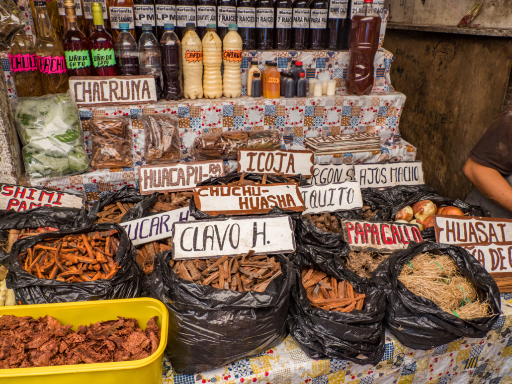 Various types of tree bark, roots and other medicinal specifics at the Belen bazaar (BelÃ©n market), Iquitos, Amazonia, Peru, South America. Original tree names on the plates