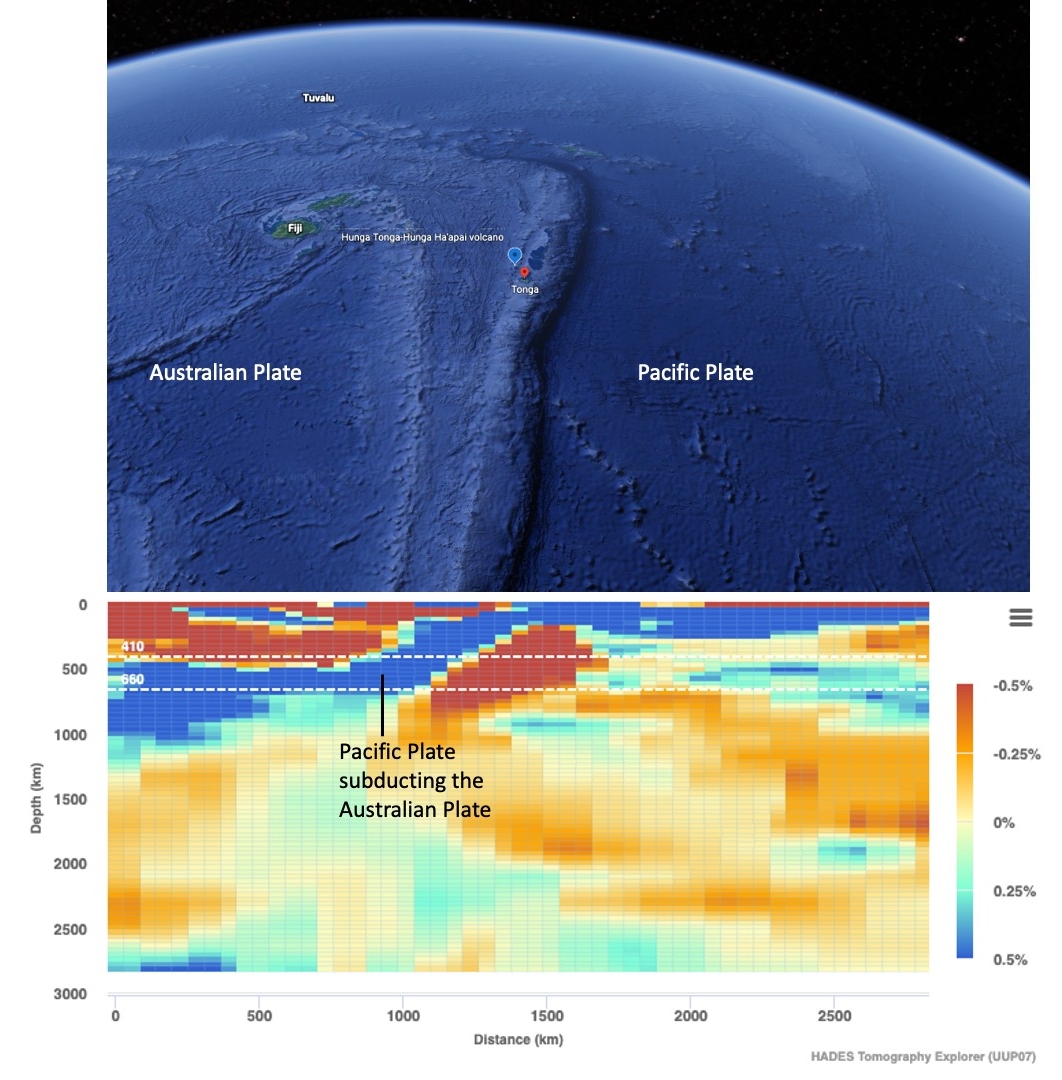 Seismic tomography scan of the Pacific Plate subducting the Australian Plate.