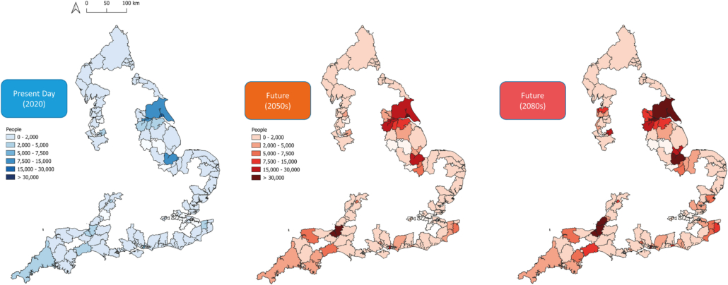 Projected changes in people exposed to coastal flooding in England