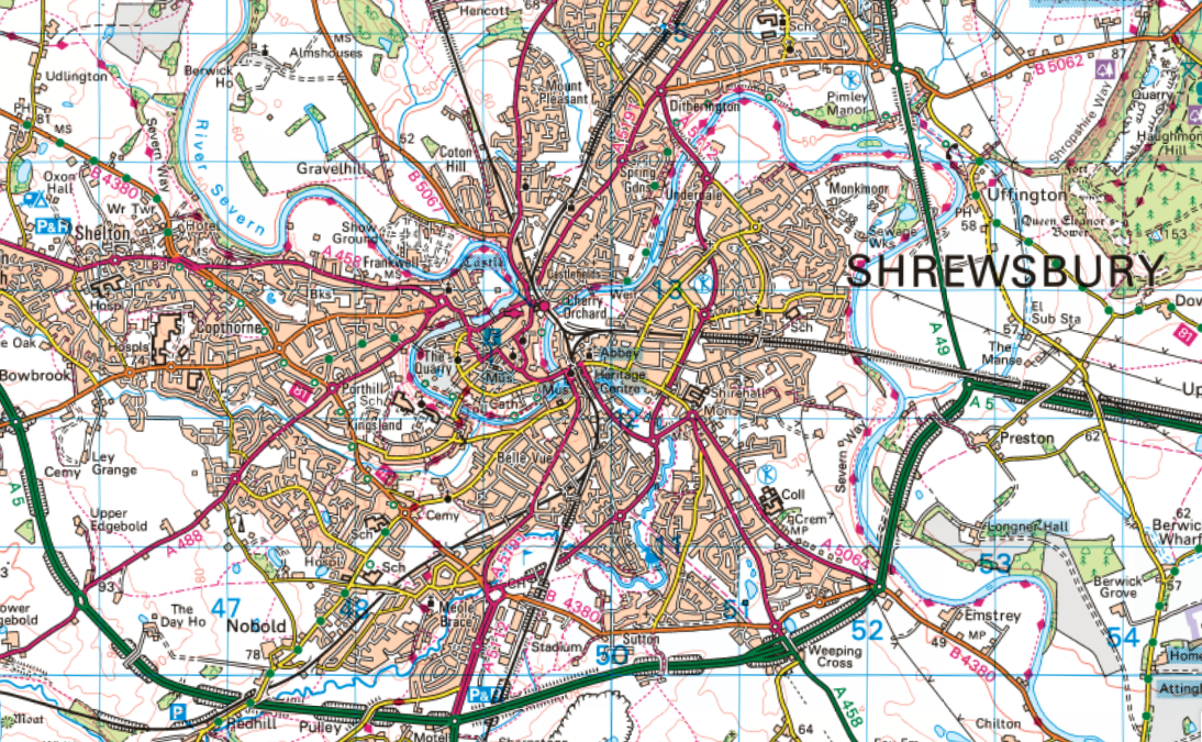 OS Map showing Shrewsbury Meanders