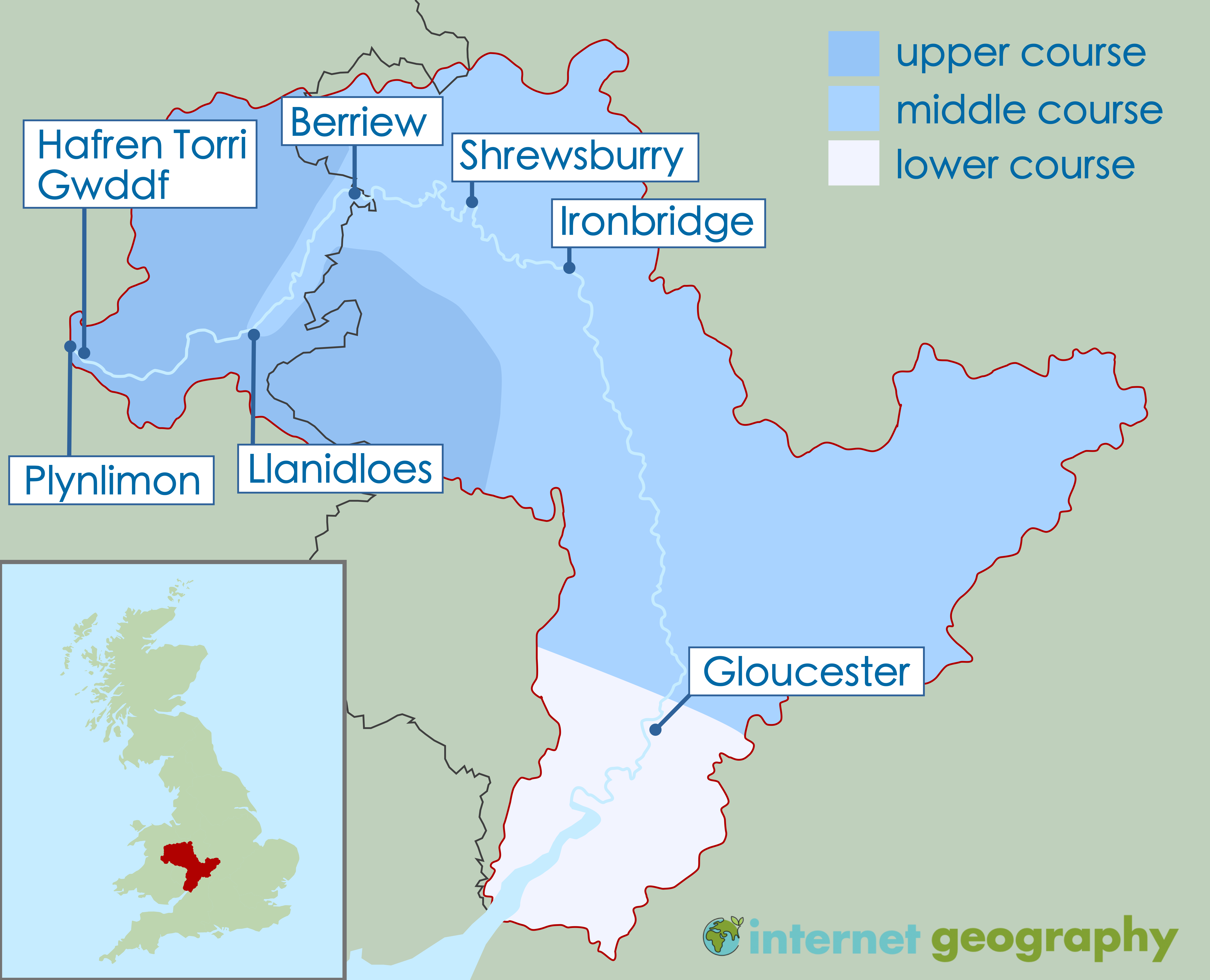 The upper, middle and lower course of the River Severn