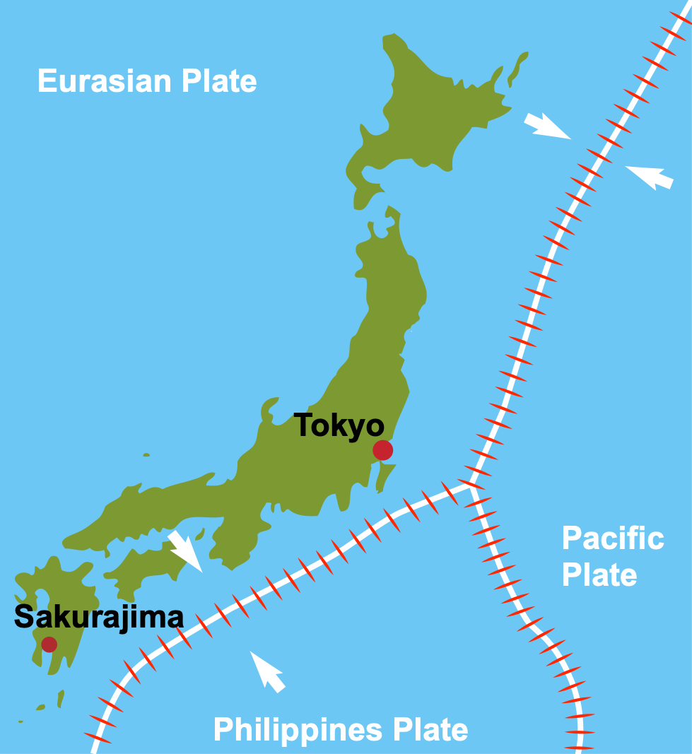 A map to show the tectonic setting of Japan and the location of Sakurajima