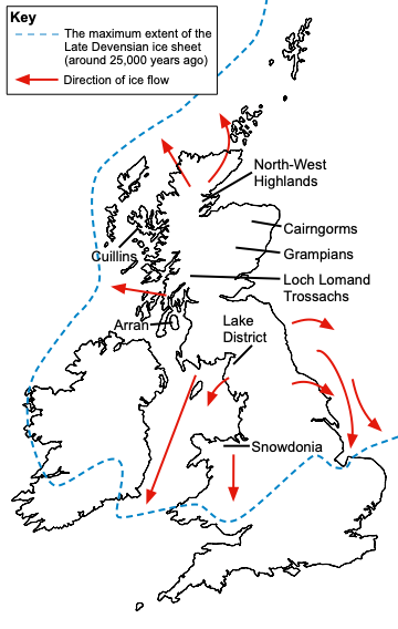 Extent of the Late Devensian ice sheet and glaciated upland areas in Great Britain