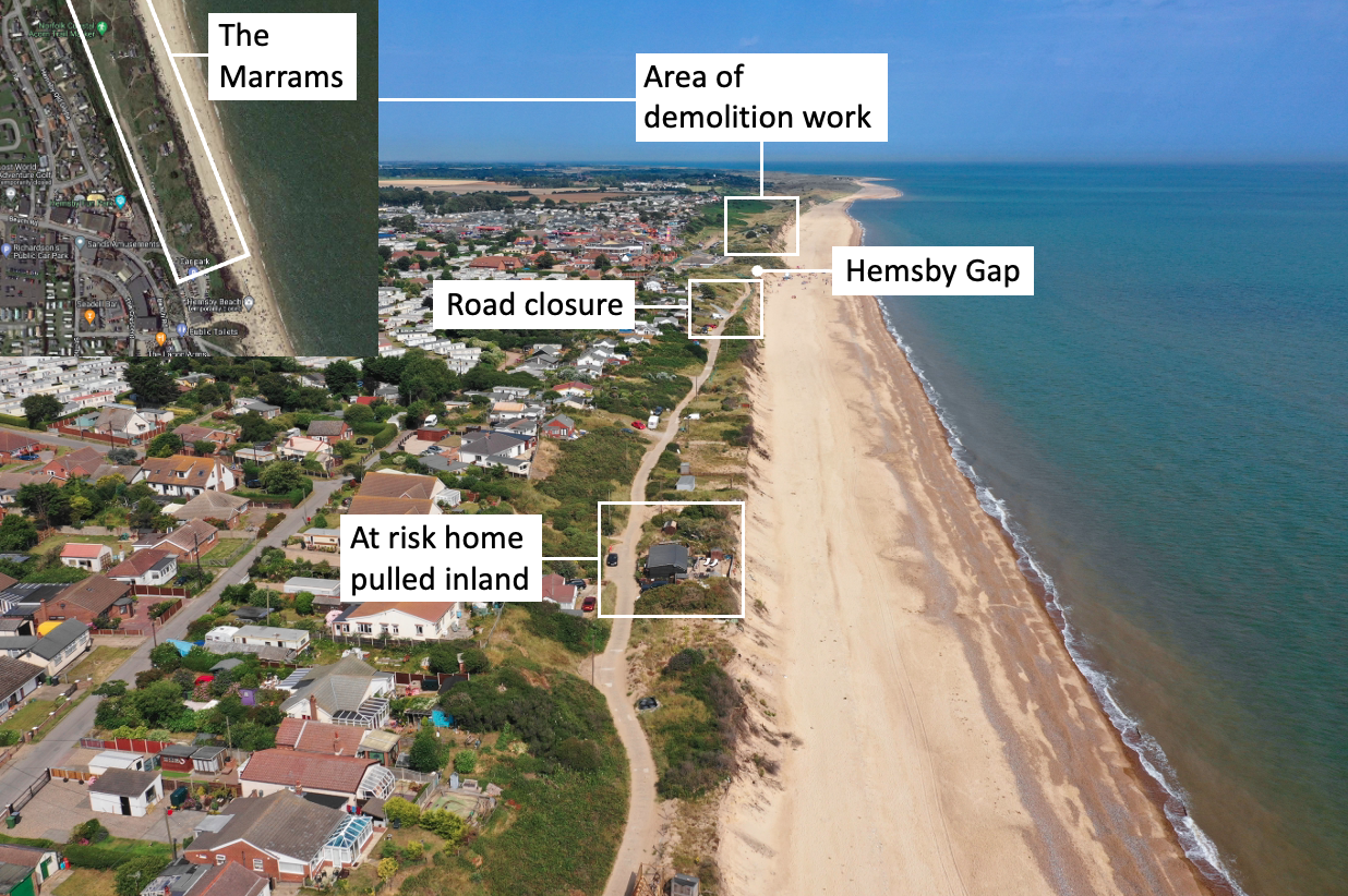 Coastal erosion at Hemsby - photograph taken in July, 2019.