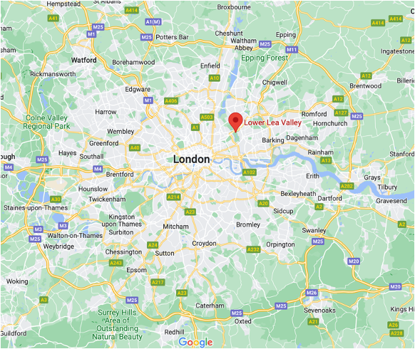 A Google Map showing the location of the Lower Lea Valley