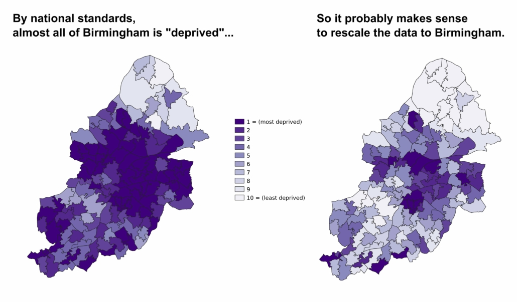 Birmingham's IMD using English Indices of Multiple Deprivation vs a scaled version specifically for the city